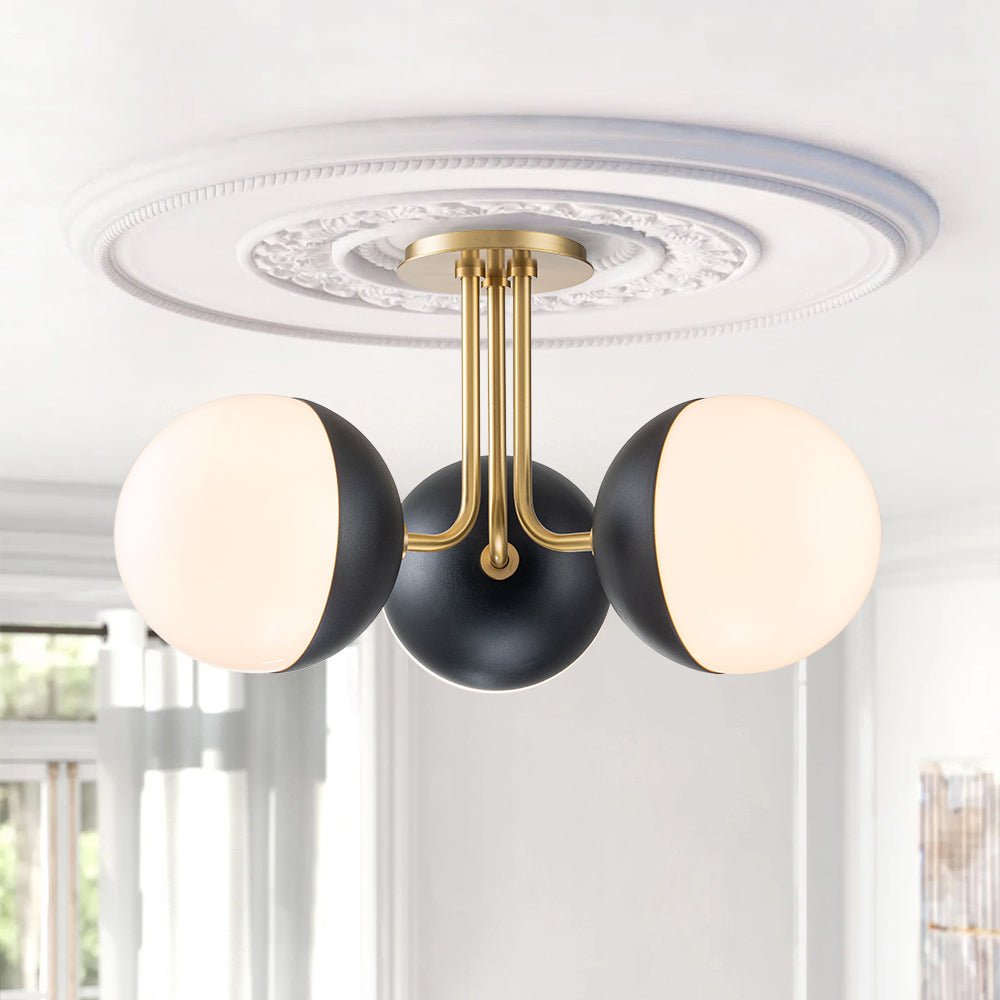 3-Light Semi-Flush Mount Ceiling Light – Milky Glass Globe Shades – Curved Arm Design – Ceiling Light Fixture 1