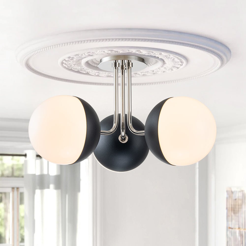 3-Light Semi-Flush Mount Ceiling Light – Milky Glass Globe Shades – Curved Arm Design – Ceiling Light Fixture 3