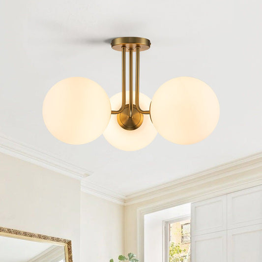 3-Light Flush Mount Ceiling Light – Brass Finish Frosted Glass Globes – LED Ceiling Light Fixture – Modern Indoor Lighting 1