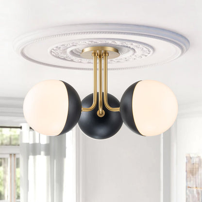 3-Light Semi-Flush Mount Ceiling Light – Milky Glass Globe Shades – Curved Arm Design – Ceiling Light Fixture 1