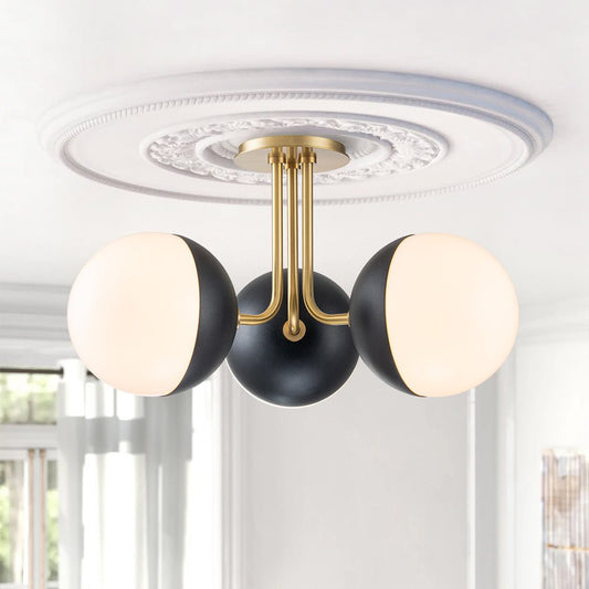 3-Light Semi-Flush Mount Ceiling Light – Milky Glass Globe Shades – Curved Arm Design – Ceiling Light Fixture 1